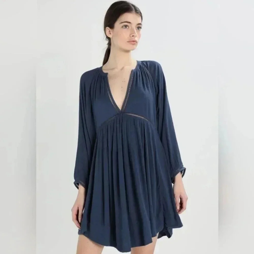 Free People Go Lightly Swing Babydoll Boho Blue Women's Mini Dress Size Small.